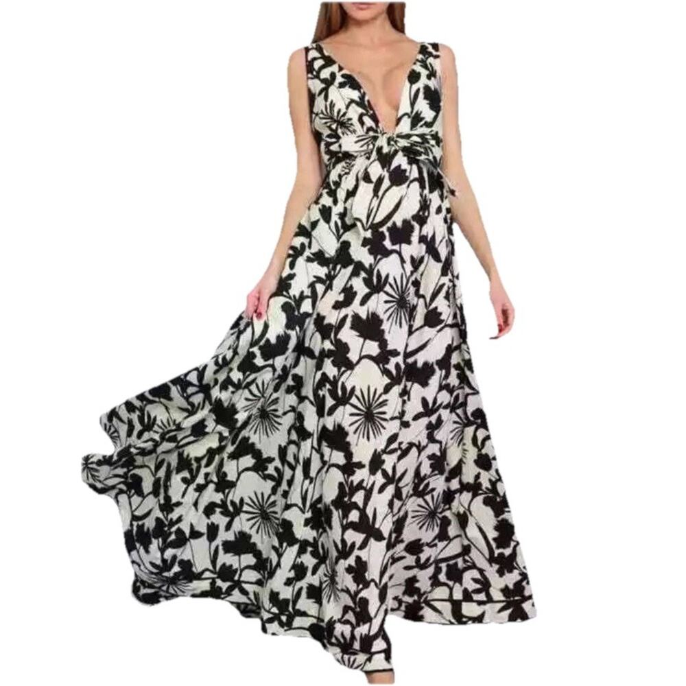Aakaa Black and White Floral Maxi Dress V-neck Open Back Lightweight Bohemian